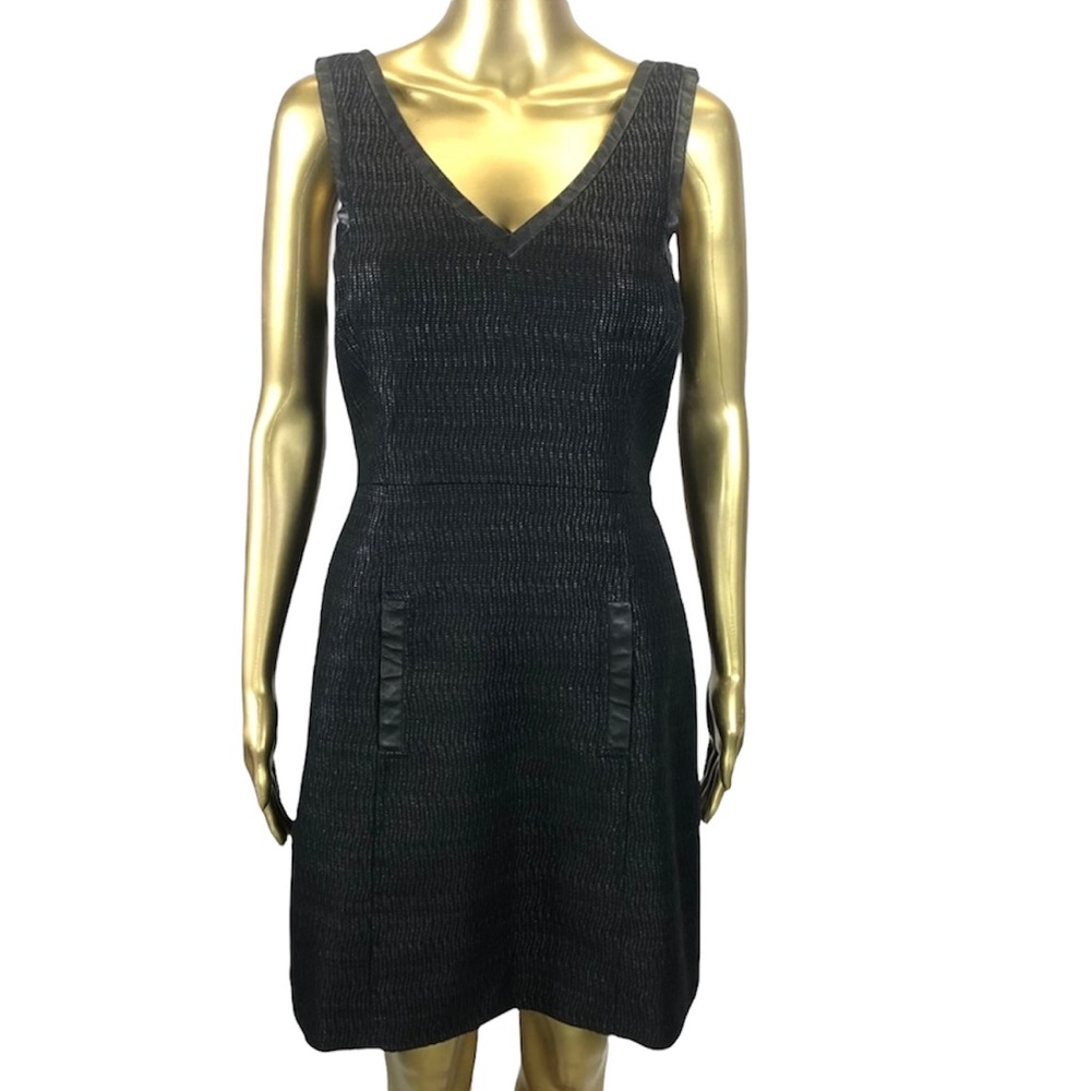 TIBI Textured V-Neck Dress Size 10 Leather Trim Sleeveless Cotton Blend